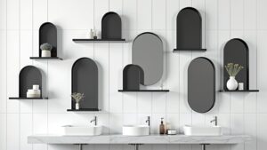 black mirrors with shelves