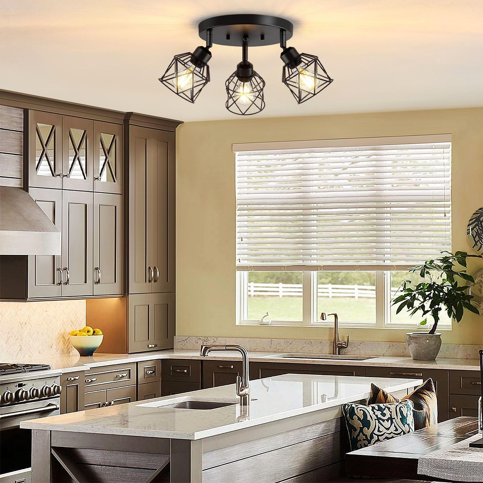black industrial flush above kitchen